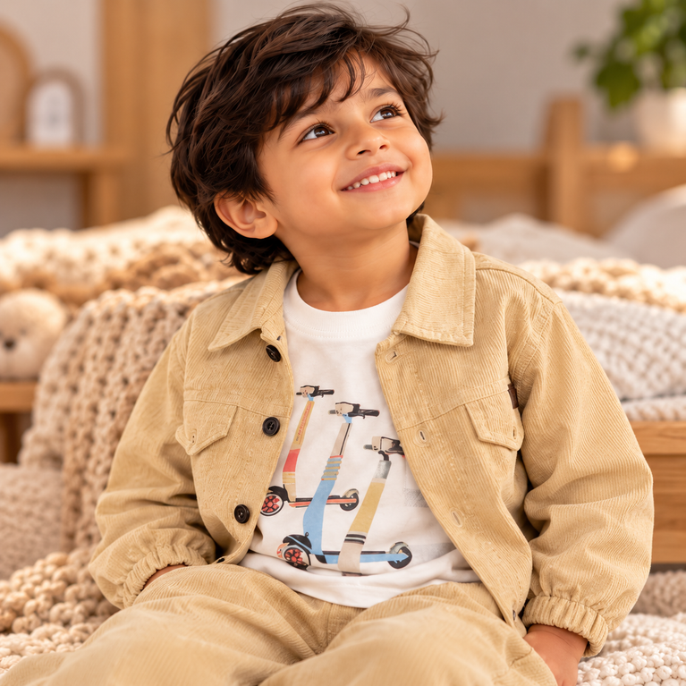 Beige Corduroy Jacket, Graphic T-Shirt & Jogger Set for Boys | Stylish Kids Outfit