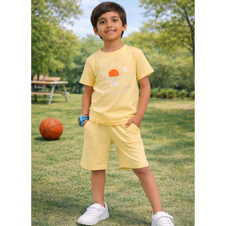 Ninos 100% Cotton Knit Half Sleeves "Awesome" Printed Coordinating Tee & Shorts Set for Boys