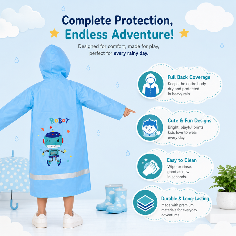 Kids Waterproof PVC Hooded Raincoat with Cute Robot Print | Lightweight Full-Sleeve Rain Wear for Boys & Girls