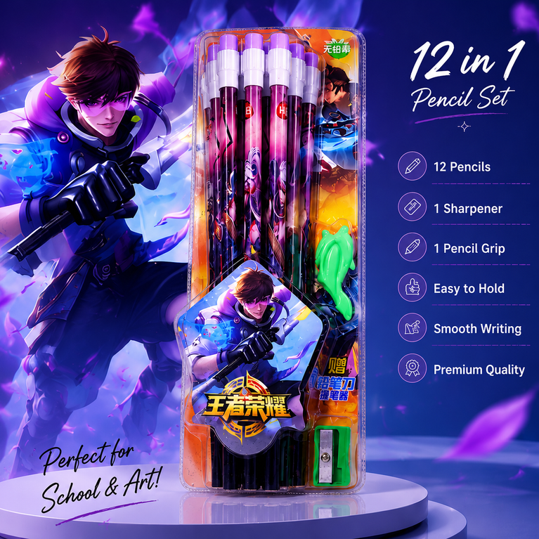 Anime Warrior 12 PCS HB Pencil Set with Sharpener & Eraser for Kids | Premium Smooth Writing School Stationery Kit