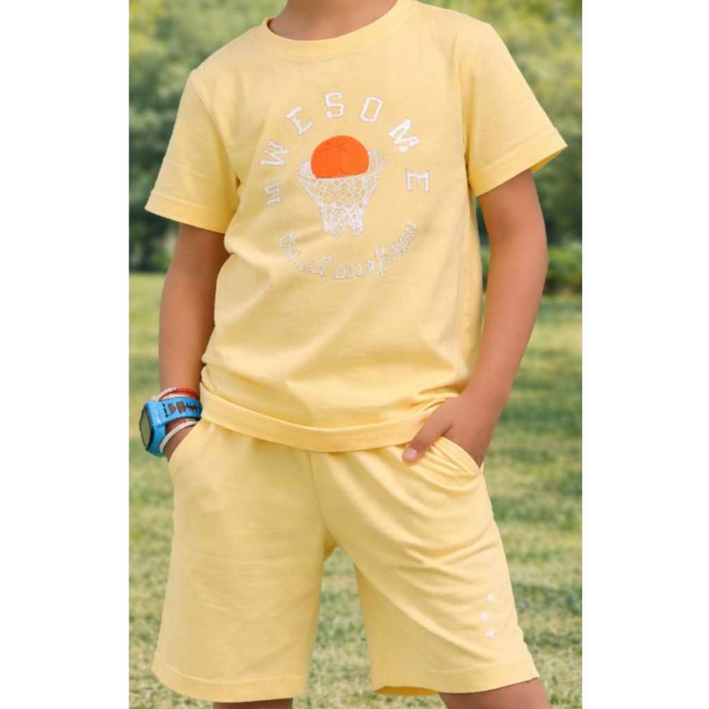 Ninos 100% Cotton Knit Half Sleeves "Awesome" Printed Coordinating Tee & Shorts Set for Boys