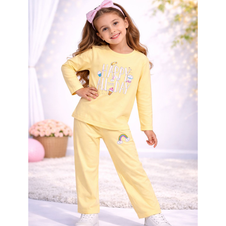 Ninos 100% Cotton Knit Full Sleeves "Happy All Day" Printed Coordinating Tee & Pants Set