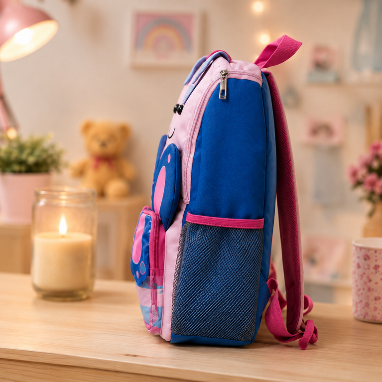 Butterfly Design Kids School Backpack with 3D Wings &amp; Side Bottle Pocket | Pink &amp; Blue