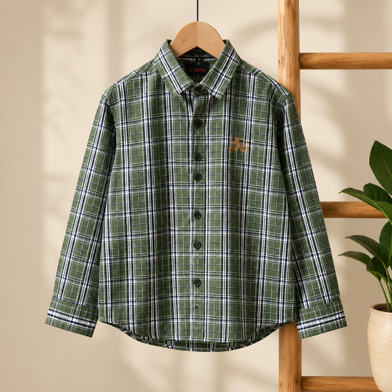 Boys Classic Olive Green Checked Full Sleeve Cotton Shirt