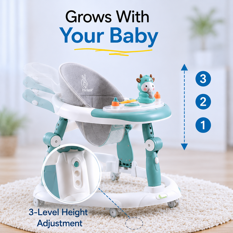 Premium 2-in-1 Baby Walker & Rocker with Music Tray, Adjustable Height & Interactive Play Panel