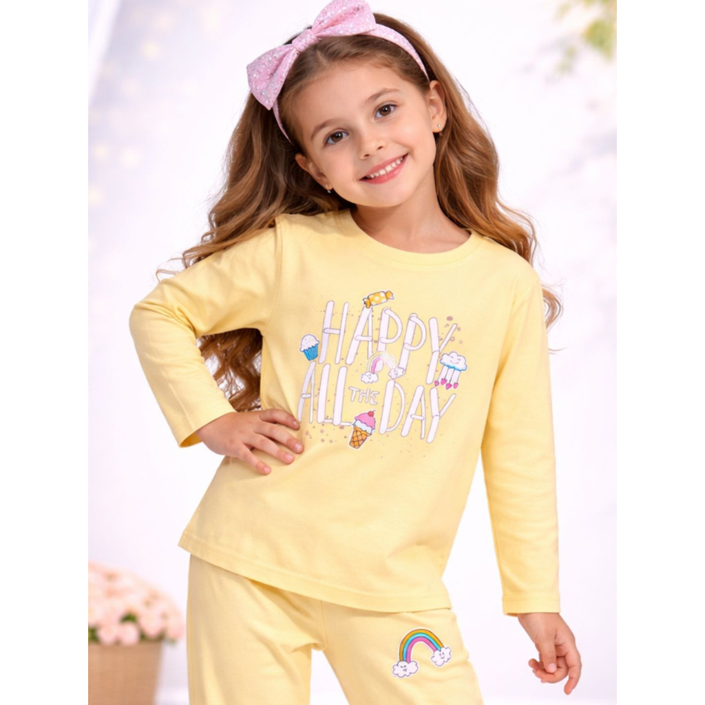Ninos 100% Cotton Knit Full Sleeves "Happy All Day" Printed Coordinating Tee & Pants Set