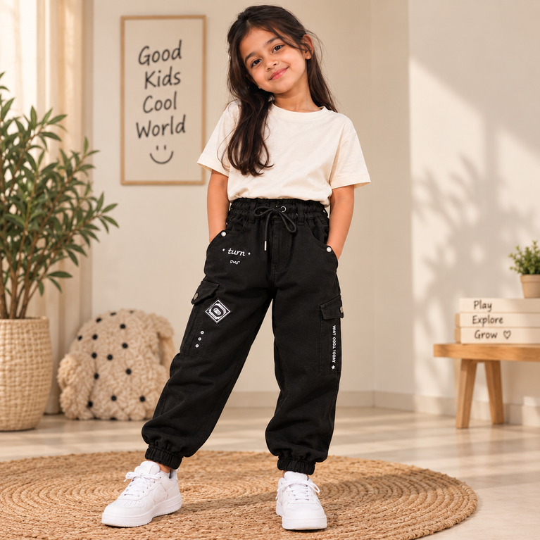 Black Cargo Jogger Pants for Girls with Utility Pockets| 9-10 years