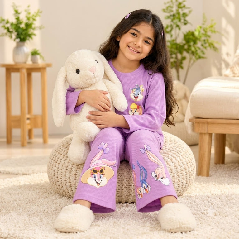Purple Cartoon Print Co-Ord Set | Full-Sleeve Top & Wide-Leg Pants