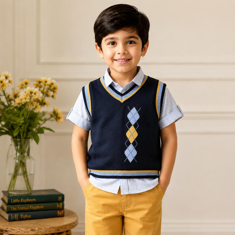 Navy Argyle Sweater Vest Set with Shirt & Trousers