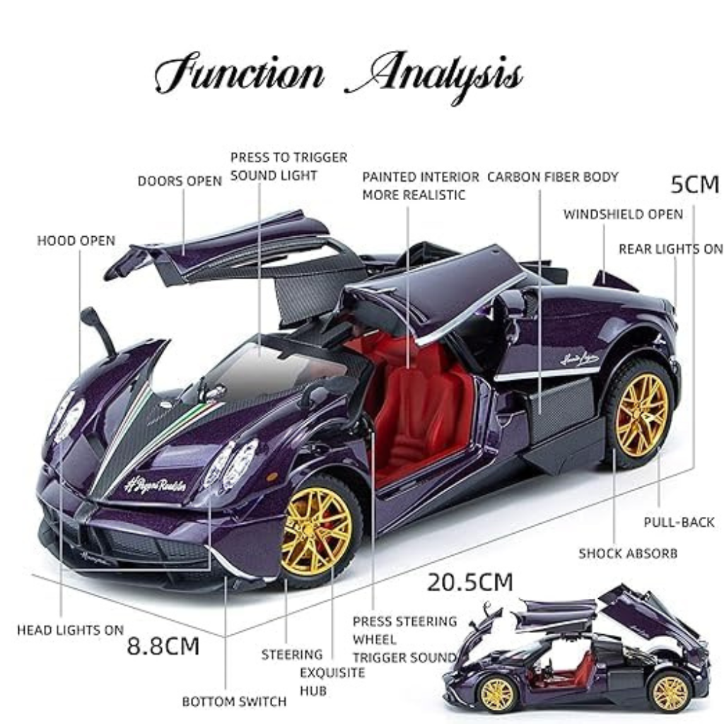 Nino's Pagani Huayra Dinastia 1:24 Diecast Car with Lights, Sound & Spray – Blue/Red