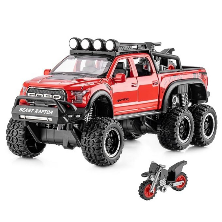 Nino's F150 Raptor 1:24 Diecast Truck with Bike, Lights & Sound (Black/Red)