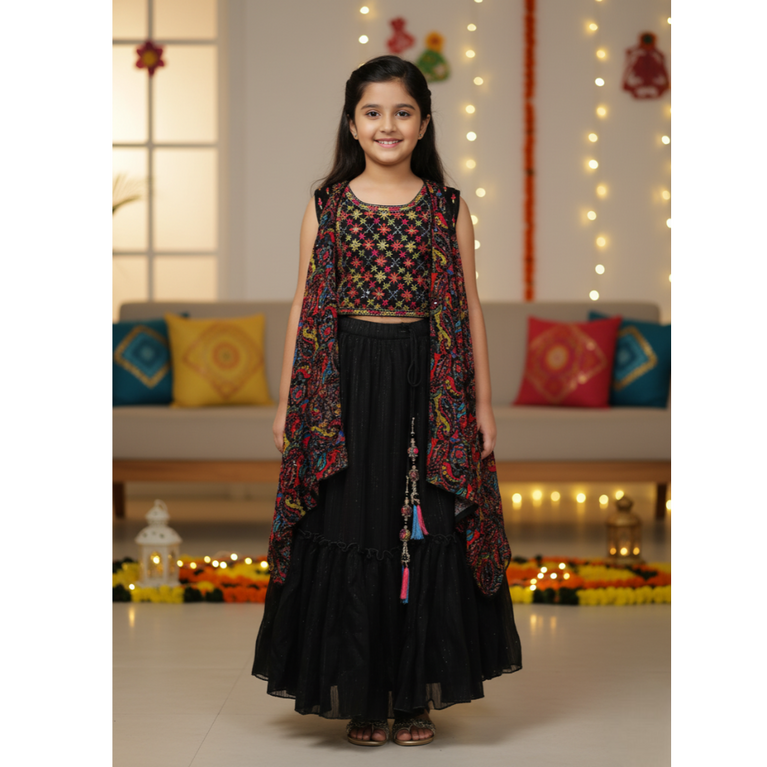 NINOS Girls Black Multi-Color Embroidered Lehenga, Crop Top & Shrug Set – Festive & Party Wear