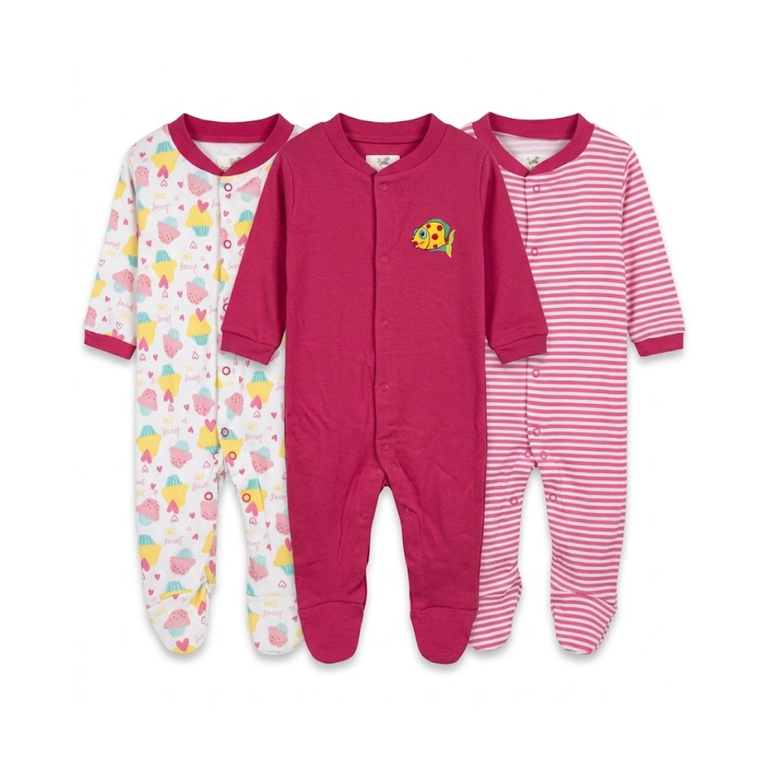 Ninos Worlds Interlock Knit Full Sleeves Footed Sleep Suits With Print & Patch Pack of 3 - Multicolor