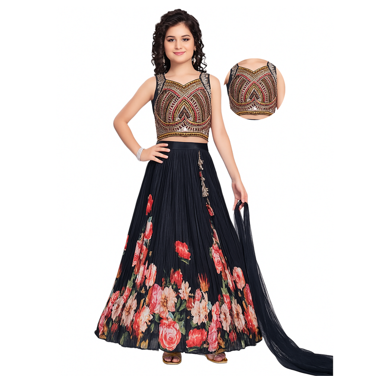 Diwali Special Girls Partywear Embroidered Lehenga Choli with Dupatta – Black