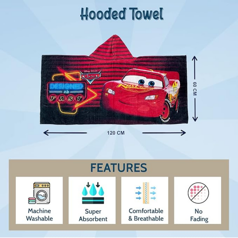 SASSOON Disney Pixar Cars Kids Hooded Poncho Towel in 400 GSM