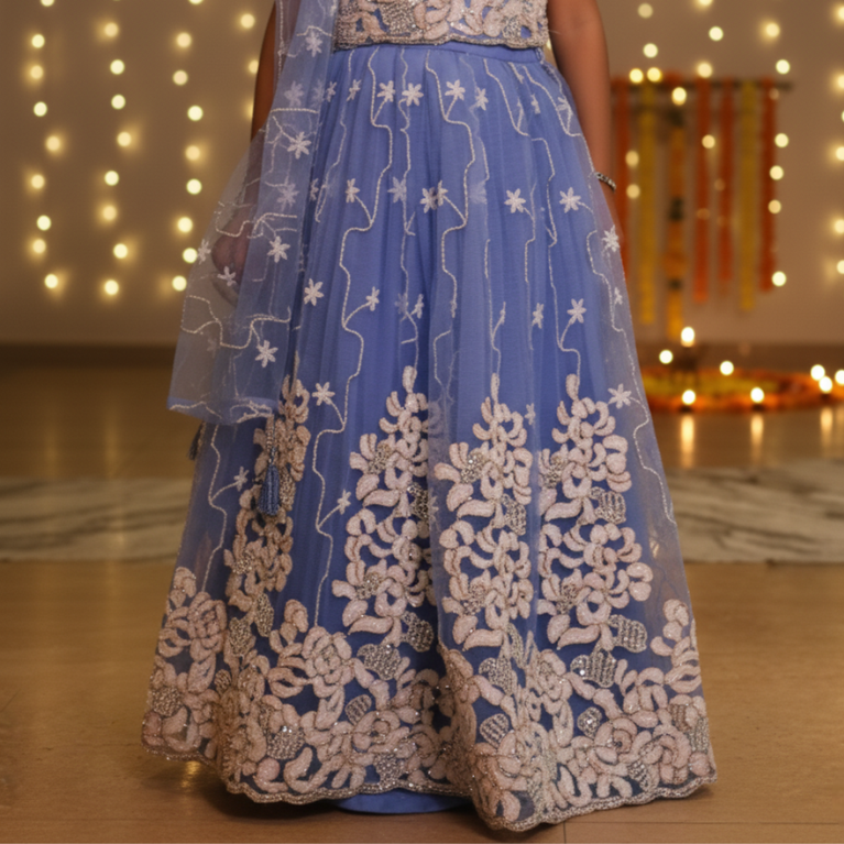 Ninos Girls Sky Blue Embroidered Lehenga Choli Set with Dupatta