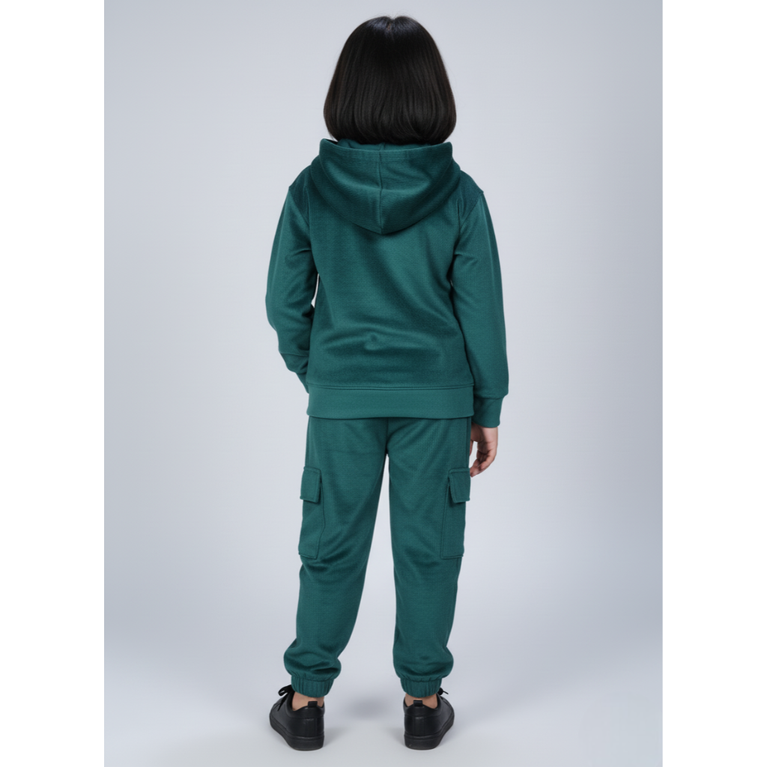 Girlyy-Velour Woven Full Sleeves Winter Wear Girls Hooded Sweatshirt & Cargo Jogger Set