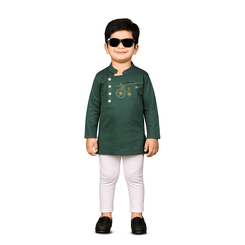 Ninos Boys Cotton Full Sleeves Festive Multidesign Party Kurta Pyjama Set- Olive