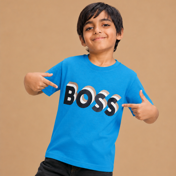 BOSS-Kids Cotton Half Sleeves Crew Neck T-Shirt with BOSS Text Print