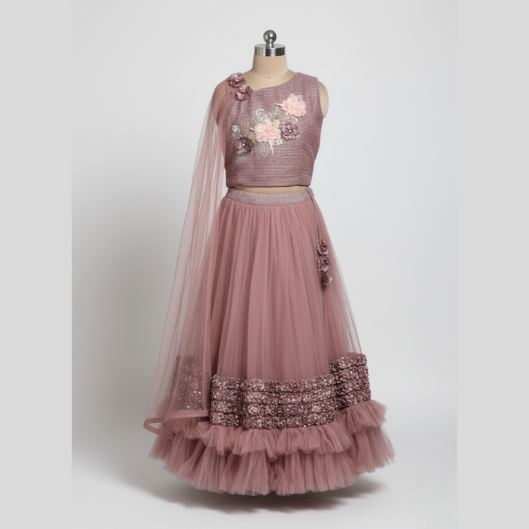 Mauve-Pink Lehenga Choli Set For Girls with Attached Dupatta & 3D Floral Work