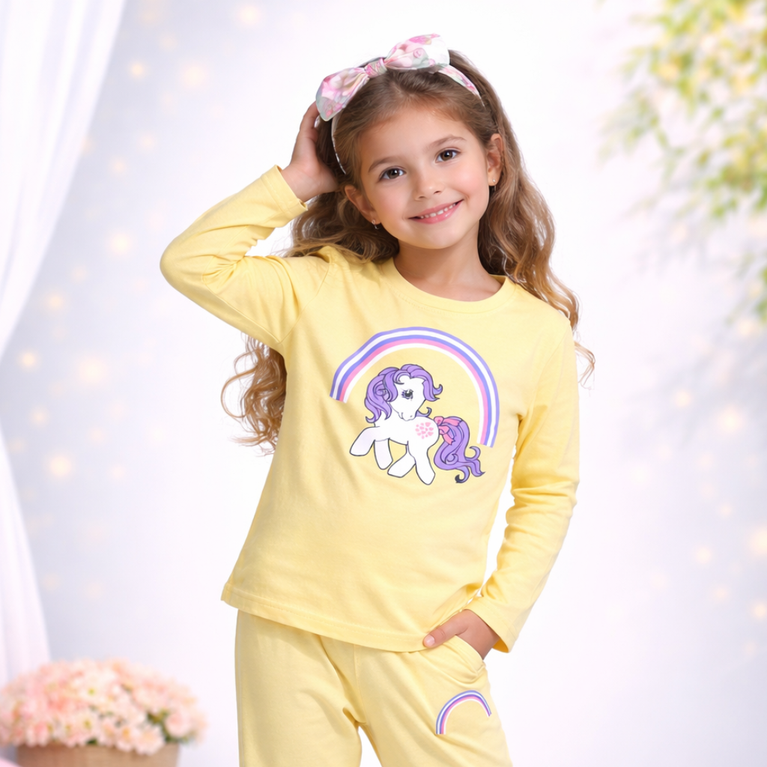 Ninos 100% Cotton Knit Full Sleeves "Unicorn" Printed Coordinating Tee & Pants Set for Girls