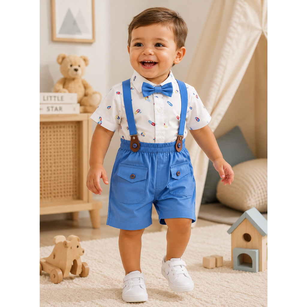 Kids Summer Printed Shirt Shorts Set with Suspenders Bow Tie Outfit