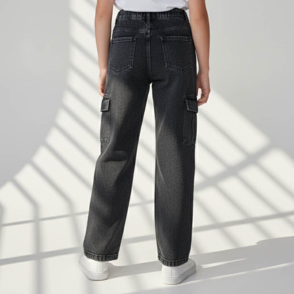 BIJNIS-Girls' Relaxed Fit Black Wash Denim Cargo Jeans for Kids