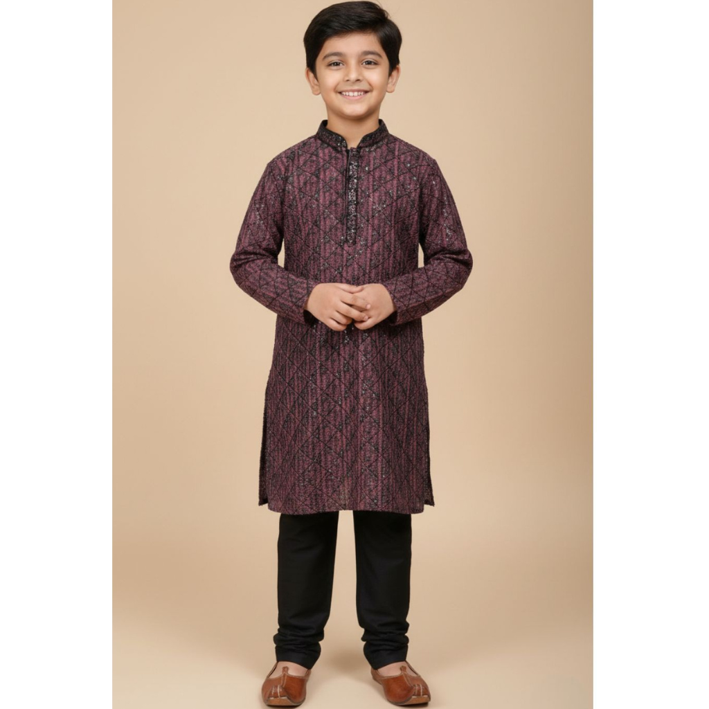 Boys Wine & Black Geometric Print Kurta with Solid Pajama Set - 2 Piece Festive Ethnic Wear