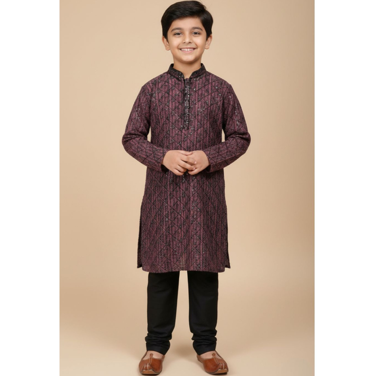 Boys Wine & Black Geometric Print Kurta with Solid Pajama Set - 2 Piece Festive Ethnic Wear