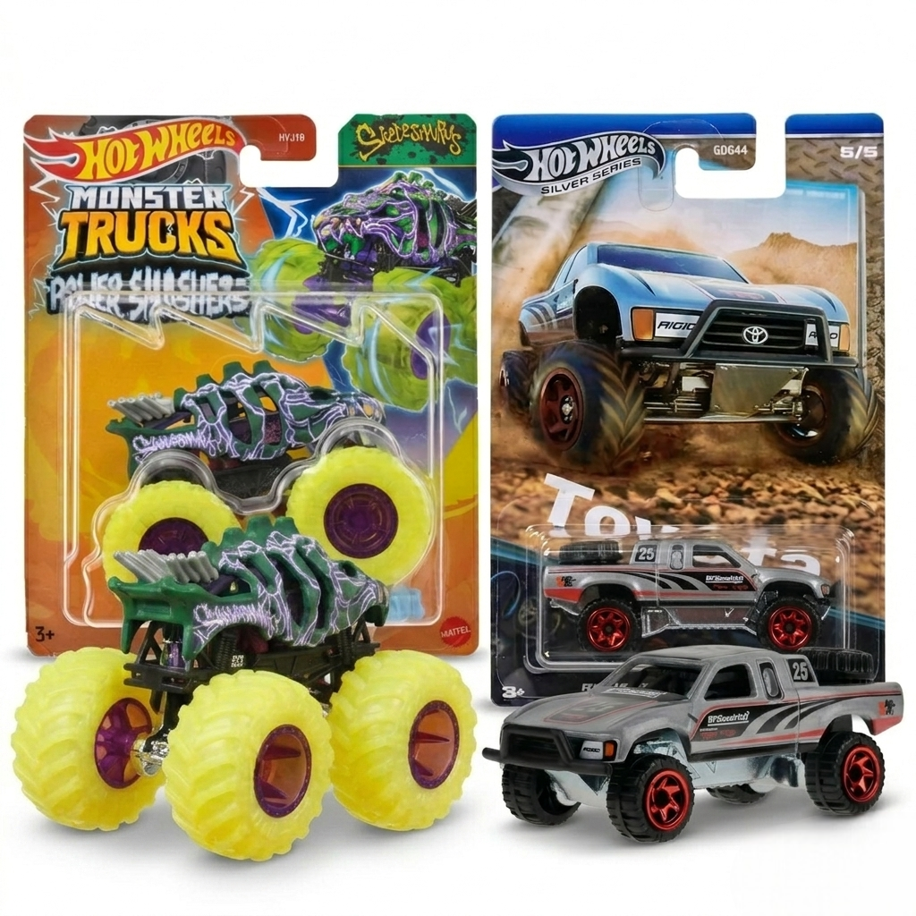 Hot Wheels Grey Toyota Off Road Pickup Truck & Skeleton Monster Truck Bundle 1:64 Die Cast Toy Set for Kids
