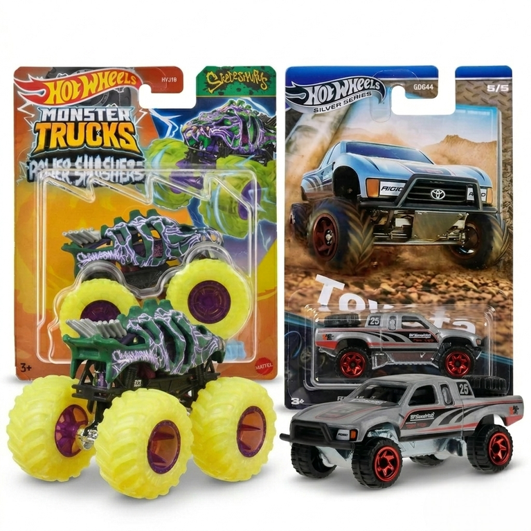 Hot Wheels Grey Toyota Off Road Pickup Truck & Skeleton Monster Truck Bundle 1:64 Die Cast Toy Set for Kids