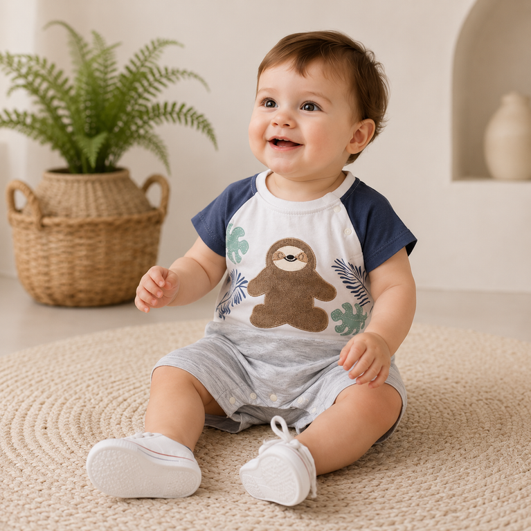 Sloth Print Baby Romper for Boys & Girls | Soft Cotton Summer Onesie with Half Sleeves | Newborn & Infant Casual Wear