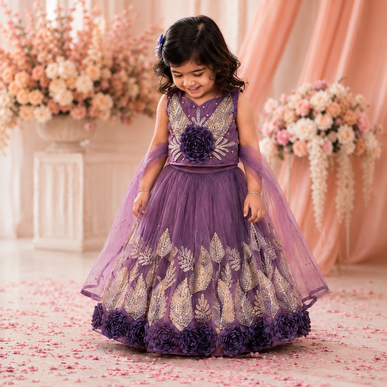 Purple Floral Embroidered Lehenga Choli Set with Net Dupatta | Designer Party Wear Ethnic Dress for Kids