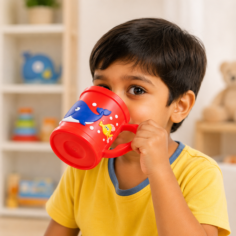 Whale Plastic Mug with Handle | Cute Ocean-Themed Reusable Drinking Mug for Milk, Juice & Water | BPA-Free | Red