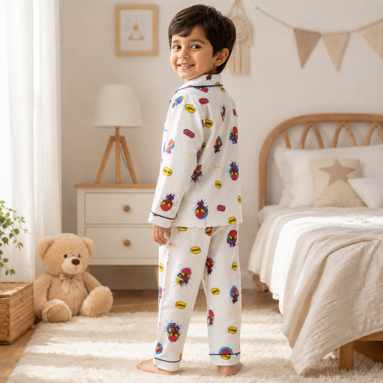Spider-Man Print Cotton Night Suit Set with Full Sleeve Shirt &amp; Pyjama | White