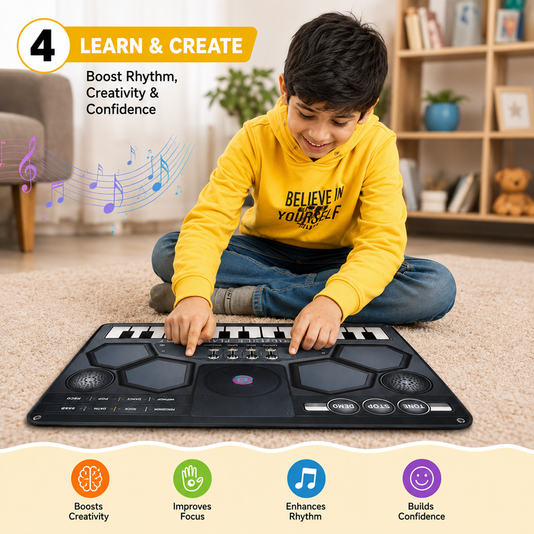 Musical Piano Playmat with Microphone | Touch-Sensitive Music Mat | Electronic Keyboard & Drum Play Mat