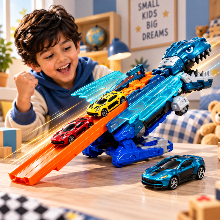 Dinosaur Car Carrier Toy with Mini Cars and Launch Track