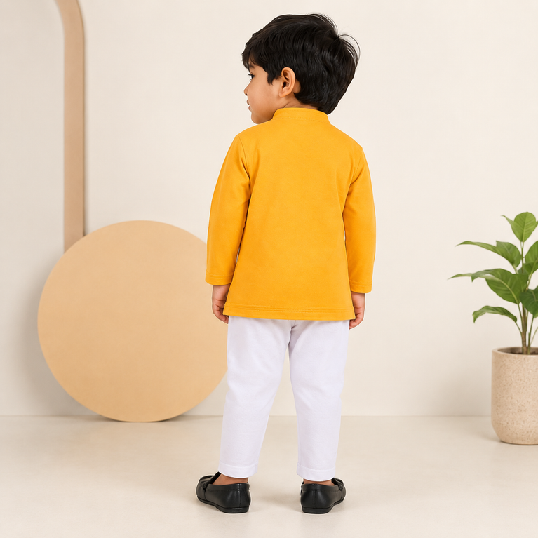 Ninos Boys Cotton Full Sleeves Festive Multidesign Party Kurta Pyjama Set- Mustard
