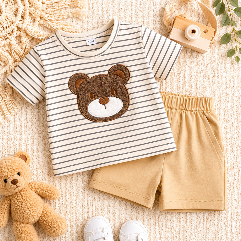 Bear Print Newborn Baby Clothing Set for Boys & Girls – Striped Cotton T-Shirt & Shorts Co-ord Set | Soft Summer Outfit for Infants