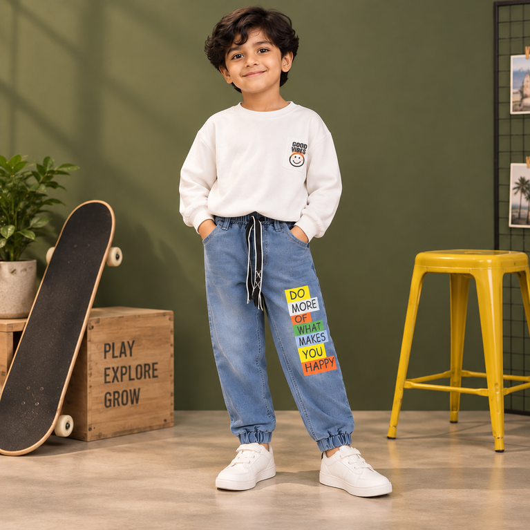 Light Blue Printed Jogger Jeans with Drawstring | Kids Denim Joggers