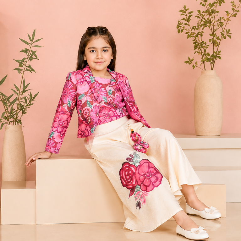 Pink Floral Jacket Top with Ivory Floral Palazzo Pants | Party Wear Set