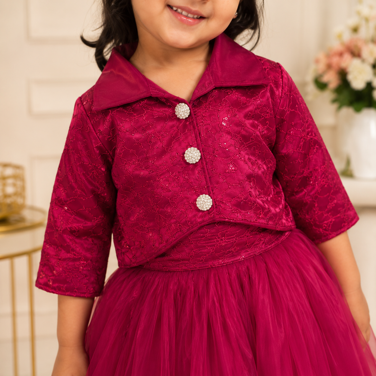 Fuchsia Pink Party Wear Lehenga Choli with Jacket & Net Dupatta | Designer Princess Outfit