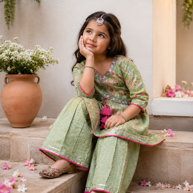 Floral Printed Kurta with Embroidered Sharara Set | Ethnic Festive Wear for Kids | Olive Green Traditional Outfit