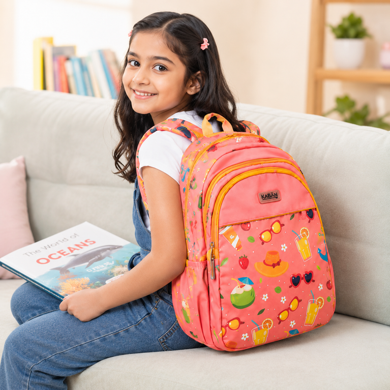 Kids Tropical Print School Backpack with Padded Straps 15 inchs ; Multiple Compartments | Coral Pink