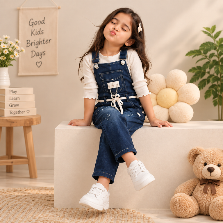 Girls Blue Denim Dungaree with Embellished Details | Stylish Kids Overalls| 6-7 years