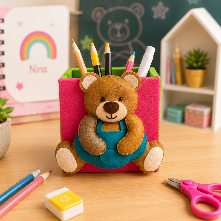 Handmade Teddy Bear Felt Pen Holder &amp; Desk Organizer for Kids | Cute Stationery Storage Box | Pencil Stand for Study Table