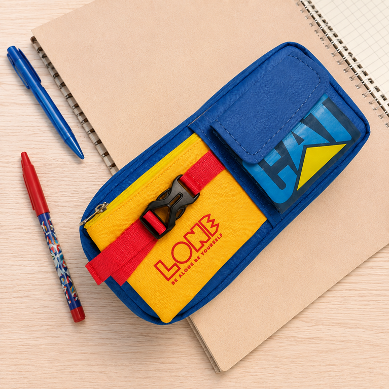 Multipurpose Pencil Pouch with Multiple Compartments & Zipper | Blue, Yellow & Red School Organiser