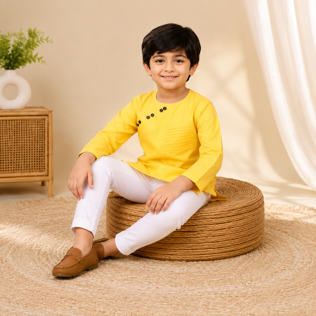 Ninos Boys Cotton Full Sleeves Festive Multidesign Party Kurta Pyjama Set- Lemon