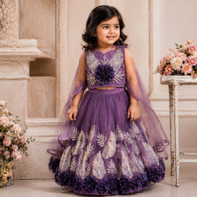 Purple Floral Embroidered Lehenga Choli Set with Net Dupatta | Designer Party Wear Ethnic Dress for Kids