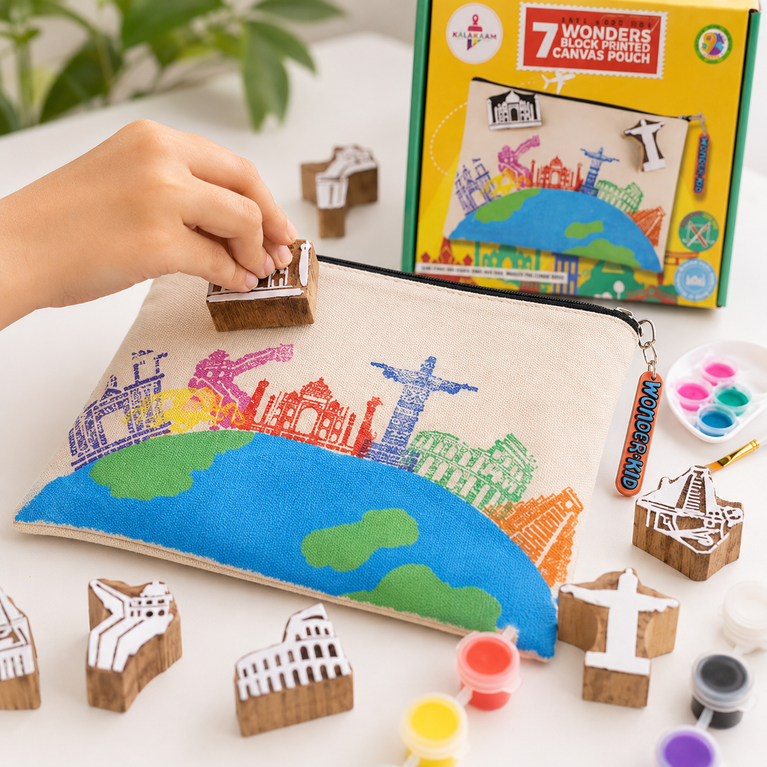 KALAKARAM DIY Block Print Canvas Pouch Kit - Create Your Own 7 Wonders Pouch, DIY Painting Kit For Kids, Learn By Doing, Art Intergrated Learning, Creative Activity Kits For Kids Age 9+Multicolor